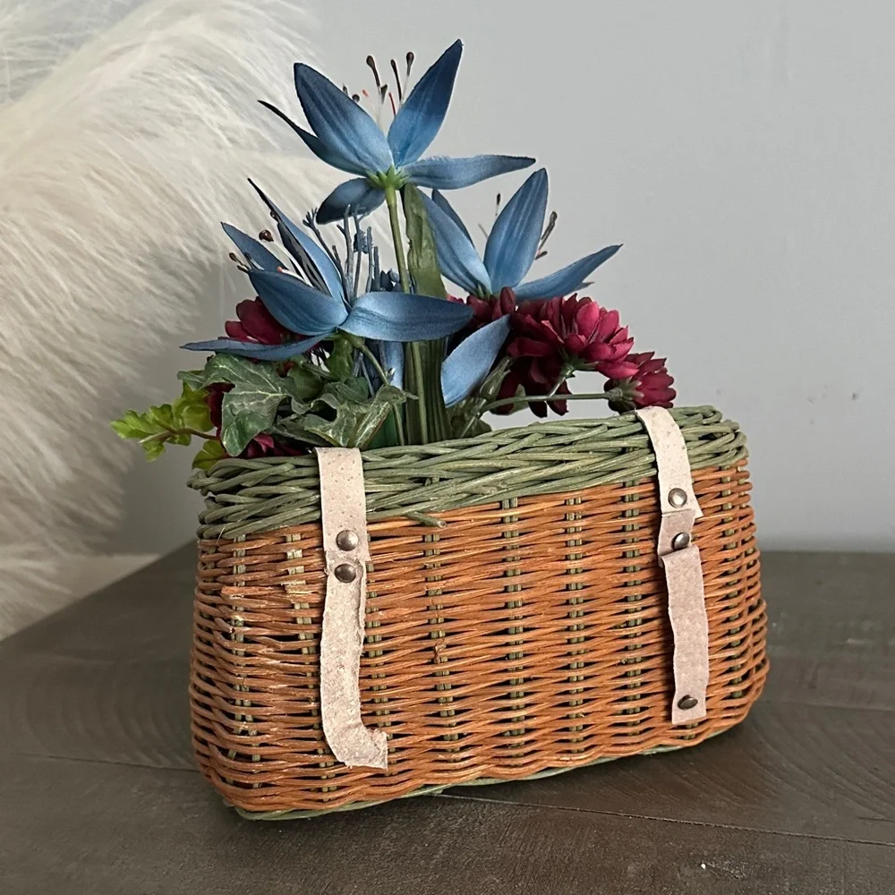 Wicker Basket with Blue and Red Floral Arrangement Cottagecore Grandmacore Decor